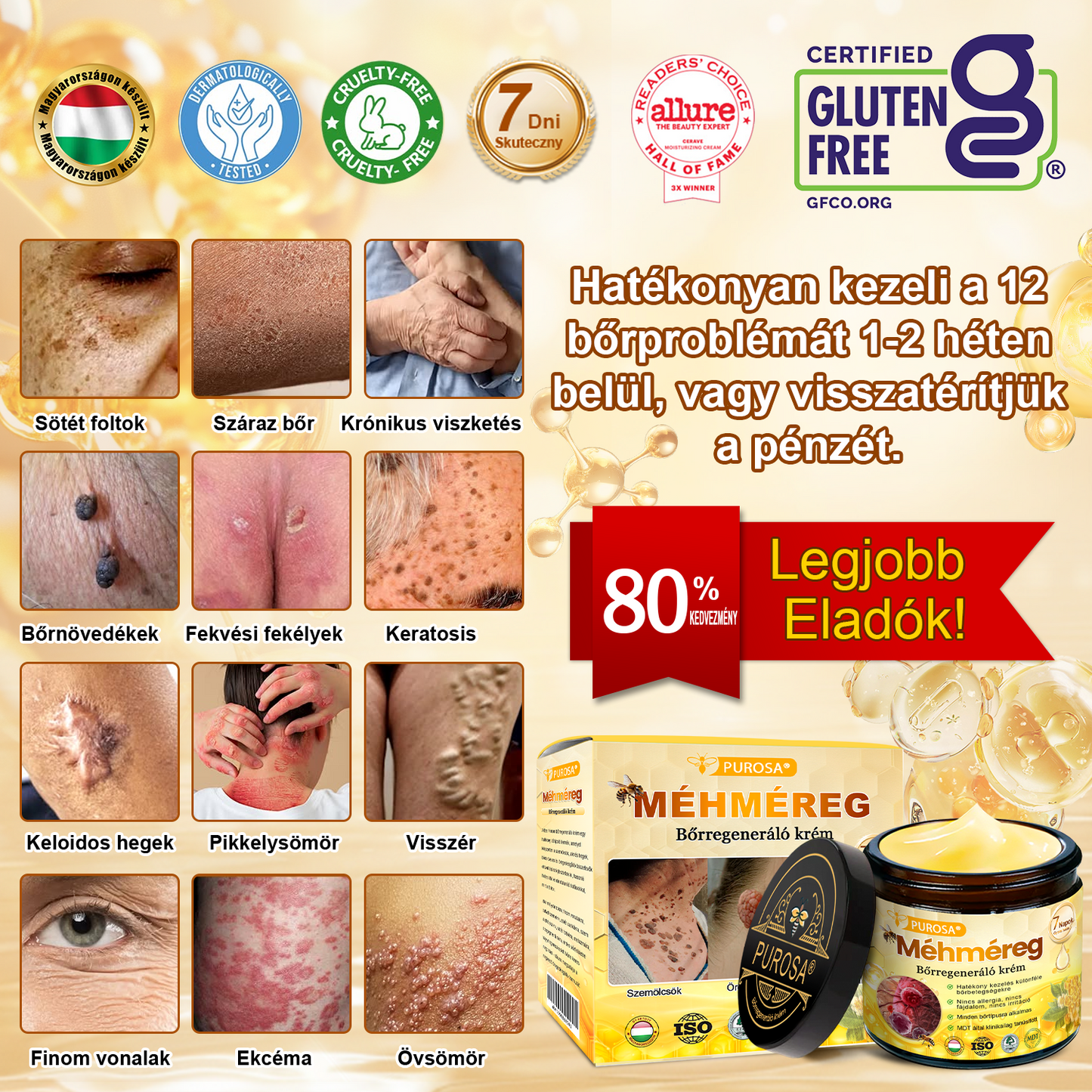 🐝PUROSA® Méhméreg Bőrmegújító Krém|Teljes körű megoldás a makacs bőrproblémák, például az öregedés, ekcéma, hegek és pikkelysömör ellen